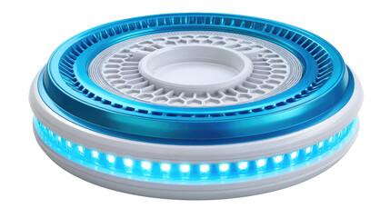 Naklejka premium Futuristic tech gadget with vibrant blue lights: A modern technological marvel, designed with sleek aesthetics and innovative functionality, is illuminated by vibrant blue lights.
