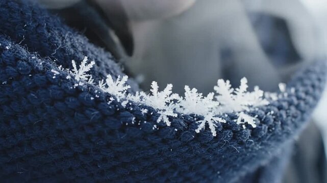 Close up of delicate white ice crystal formations resting on the dark blue knit fabric texture of winter clothing outdoors
