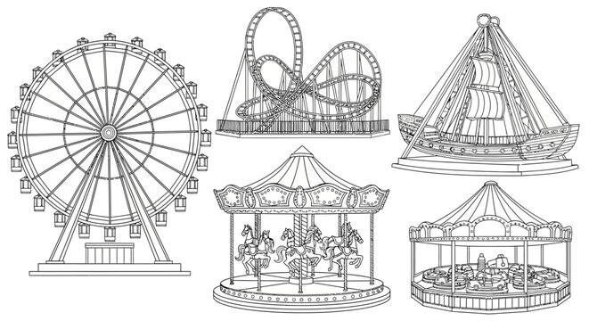 Whimsical collection of classic amusement rides in a lively park setting with Ferris wheel, carousel and roller coasters.