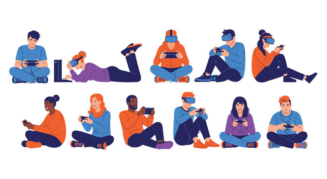 People playing video games and using virtual reality headsets