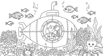 Obraz premium Underwater Submarine Adventure Amid Coral Reefs and School of Fish.