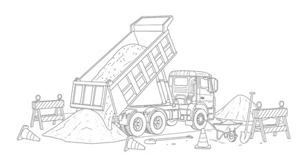 Naklejka premium Construction site with dump truck unloading gravel and workers on an active project.
