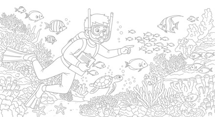 Obraz premium Underwater Adventure Scene with Diver, Superhero Figure, and Coral Reef Life Illustration.