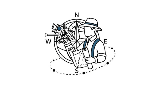 Illustration of a Navigator with Compass and Map.