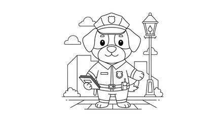 Fototapeta premium Cute cartoon firefighter dog standing in the city with helmet and hose.