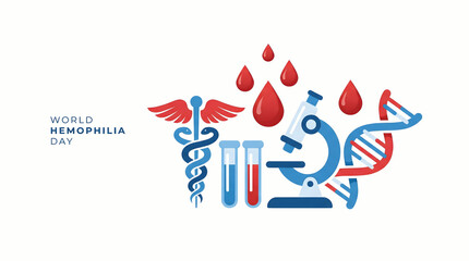 Obraz premium World Hemophilia Day Medical and Scientific Symbols with Blood Drops and DNA Strand