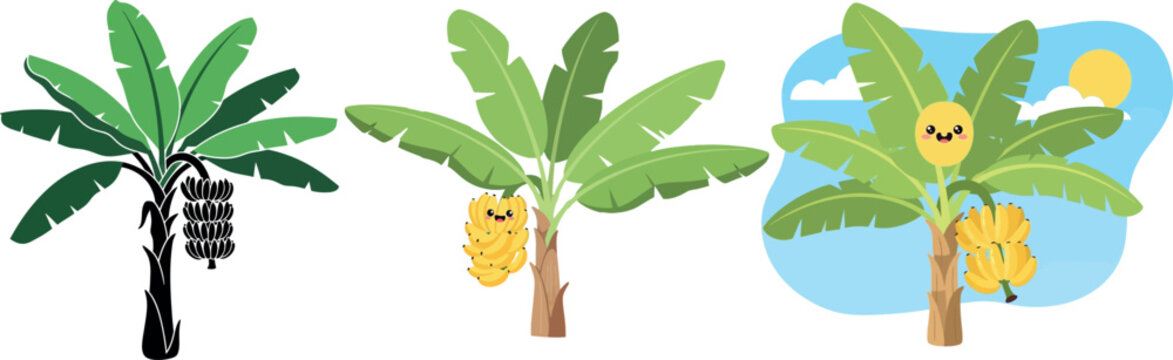 Illustration of banana trees bearing different types of bananas and a cheerful banana face