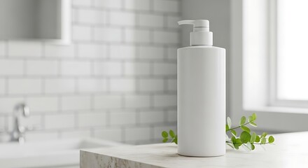 Fototapeta premium White pump bottle on a marble counter in a modern bathroom with subway tiles and natural light, perfect for product mockups.