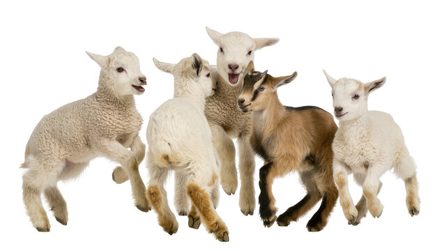 Lively group of five young farm animals, including four fluffy lambs and one playful goat kid, captured in a dynamic pose, isolated PNG on transparent background