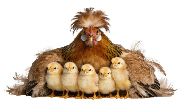 Polish Frizzle hen with crest and frizzy feathers, standing with five fluffy yellow chicks, isolated, representing motherhood and farm life