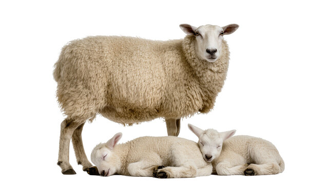 Adult sheep standing with two adorable sleeping lambs, isolated on transparent background, a heartwarming farm animal family scene PNG
