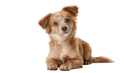 Adorable small fluffy brown puppy with reddish spots lying down, looking directly at camera, isolated on transparent background PNG © Giulia