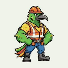 Fototapeta premium Cartoon green parrot construction worker mascot illustration, standing confidently in safety hard hat and reflective vest.