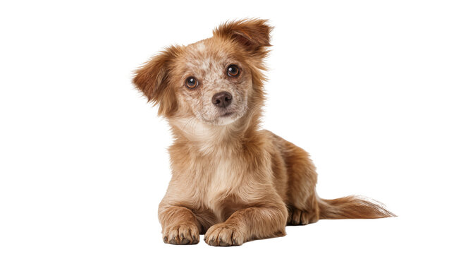 Adorable small fluffy brown puppy with reddish spots lying down, looking directly at camera, isolated on transparent background PNG