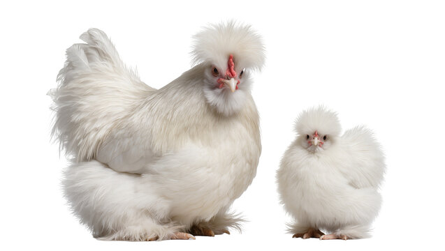 Fluffy white Silkie chicken and chick standing together, isolated on transparent background, showcasing their unique feathered crests and soft plumage