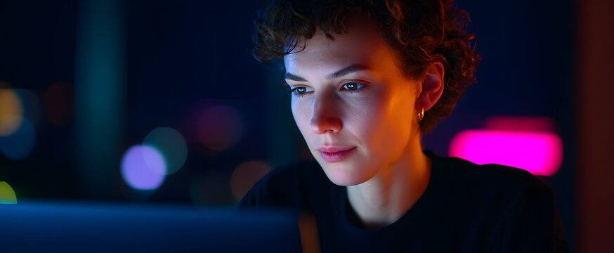 The focused programmer dances with code like a wizard in neon-lit shadows.