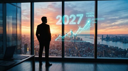Fototapeta premium Businessman silhouette watching 2027 growth chart over city skyline. Corporate vision concept.