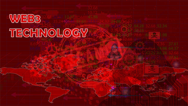 Web3 Technology Concept Illustration with Digital World Map, Gears, and Data Overlays on a Dark Red Background for Modern Business and Finance