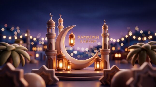 3D Rendered Ramadan Kareem Greeting with Mosque Towers and Lanterns