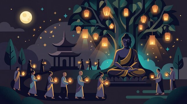Buddhist Vesak celebration with people holding lanterns under the Bodhi tree
