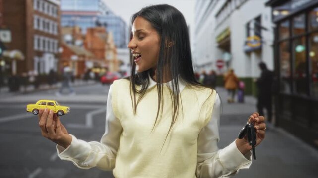 Woman holds yellow toy car in left hand and car keys in right while smiling on a street; playful curiosity.