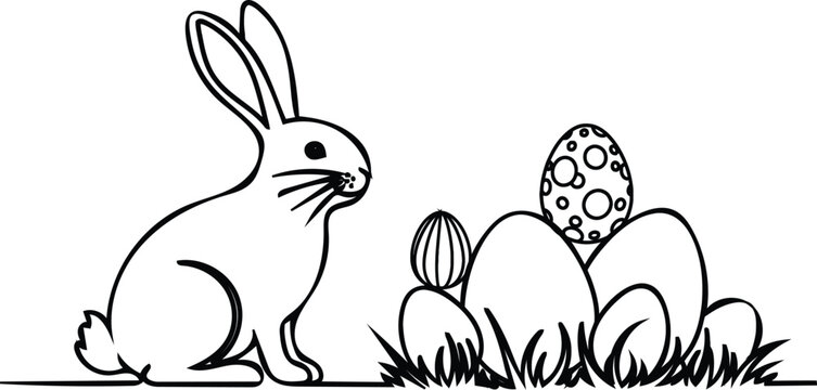 Happy easter sunday black and white easter bunny with eggs in grass illustration for kids