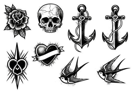 Traditional Tattoo Flash Sheet Featuring Roses, Skulls, Anchors, Hearts, and Swallows