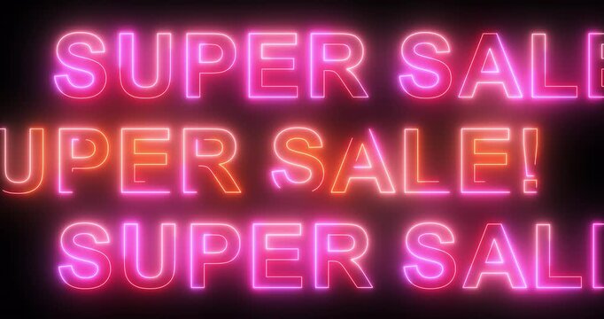 Super Sale in neon lights passing on screen. Loop