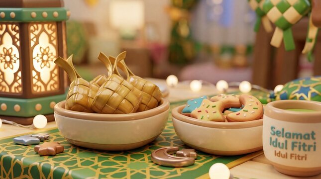 Festive 3D rendered Ketupat and cookies for Eid Mubarak celebration