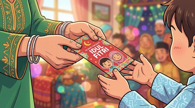 Giving Idul Fitri Money Packet to Child
