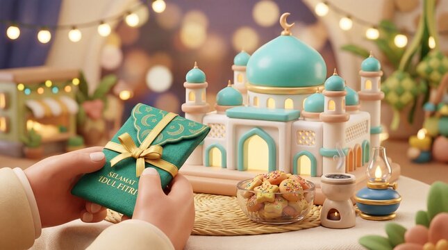 Hands holding a green envelope gift with a miniature mosque, cookies, and lights for Eid al-Fitr celebration