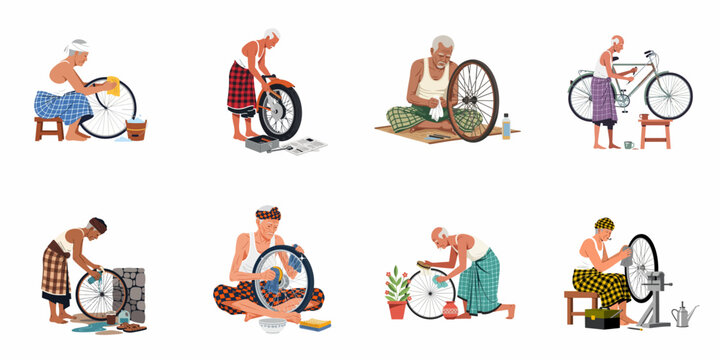 Vector illustration set of an elderly South Asian man in traditional attire cleaning and repairing bicycle and motorcycle wheels.