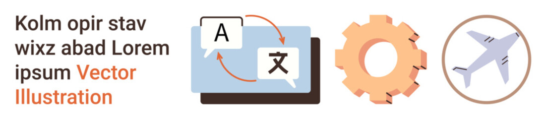 Translation services, global travel, technology, language learning, tourism, workflow. Laptop with translation symbols, airplane and gear icon. Translation services and global travel concept © robu_s