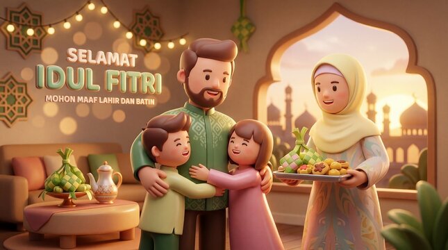 Happy Muslim Family Celebrating Eid Al-Fitr 3D Illustration