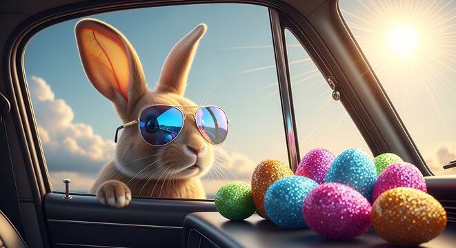 Cute Easter Bunny with sunglasses looking out of a car filed with easter eggs, Generative AI