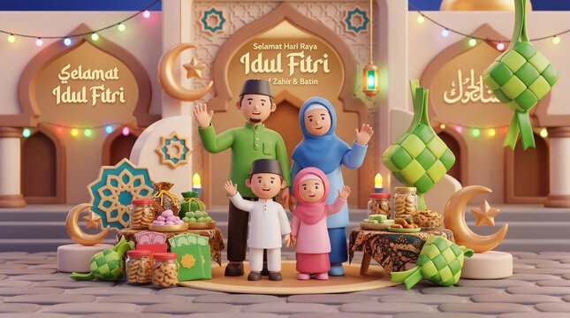 Happy Muslim Family Celebrating Eid al-Fitr with Traditional Decorations