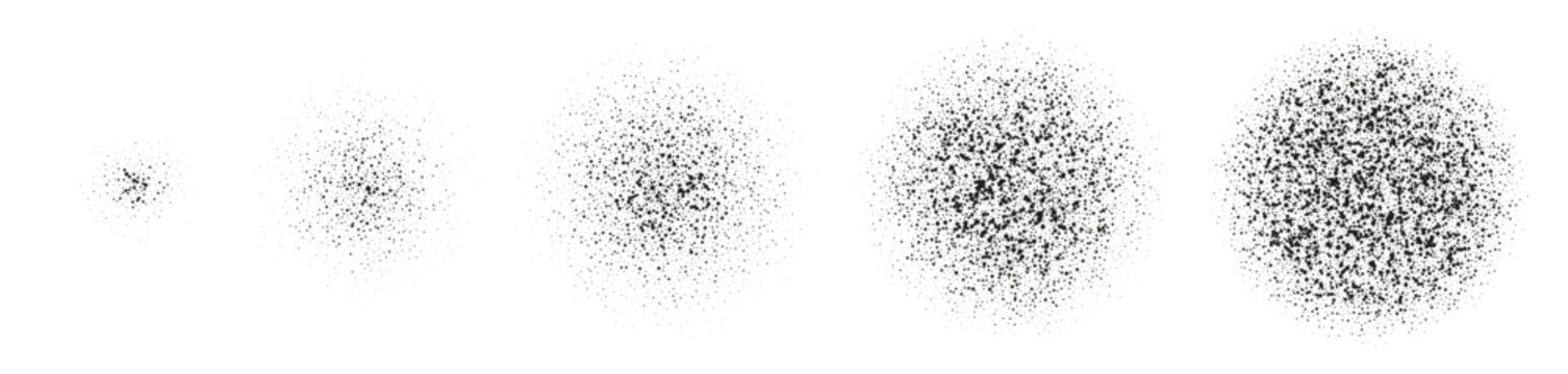 Noise spray circle gradients set. Round grain effect. Dot spray paint texture. Gray dust stipple vector pattern