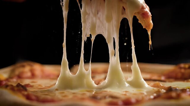Close up of a hand lifting a slice of hot pizza with melted cheese stretching.