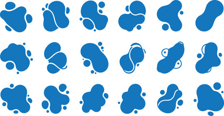 Fototapeta premium A collection of twenty abstract blue blob shapes arranged in four rows on a white background with unique contours and varying sizes