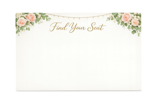 Wedding seating chart sign with pink roses and fairy lights