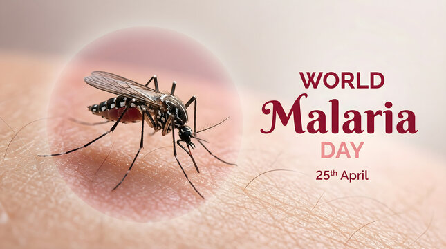 Close-up of mosquito on skin with World Malaria Day awareness text