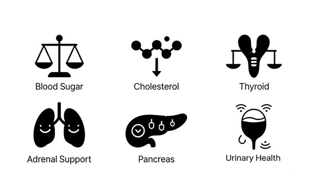 Icon of blood glucose, thyroid, liver, kidney, urinary and organ maintenance functions, comprehensive organ function regulation, suitable for promoting dietary nutrition and health care.
