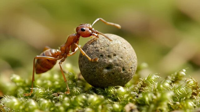 Close-up of a determined ant pushing a large pebble on mossy ground.