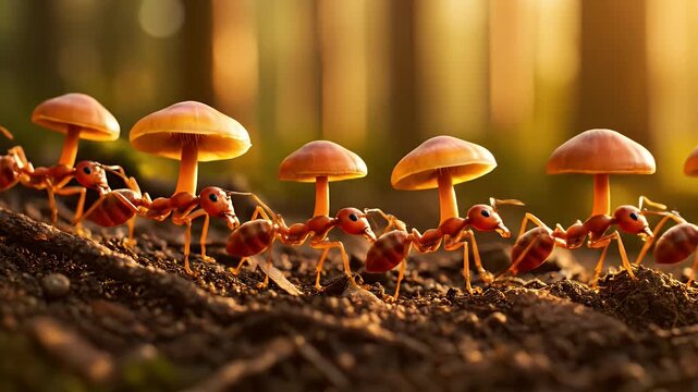 A line of ants carrying mushrooms in a forest setting.