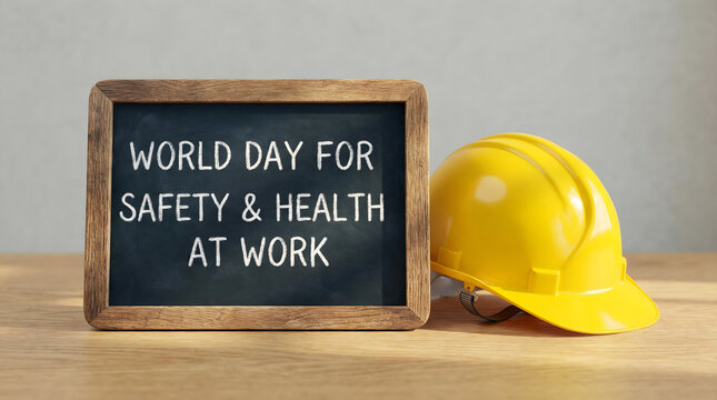 Yellow Safety Helmet Next to Chalkboard with Work Safety Health Message