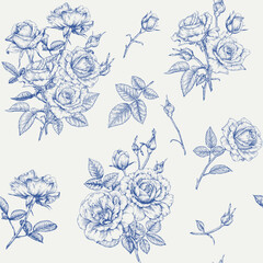 Fototapeta premium Vintage Flowers Roses Toile vector Floral seamless pattern, blue beige. Hand drawn engraved elements. Background for design wedding, packaging, textile, wrapping paper, wallpaper, Fashion apparel