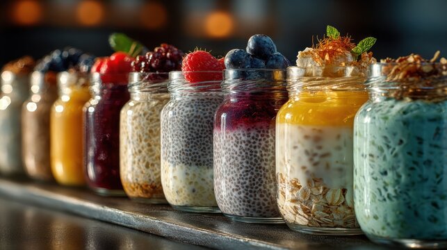 Healthy breakfast planning with jars and fresh ingredients. Concept for organized diet, wellness lifestyle and ready to eat meals.