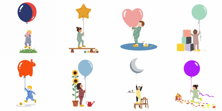 Collection of flat vector illustrations featuring babies in striped pajamas playing with colorful balloons of various shapes like stars, hearts, and animals.