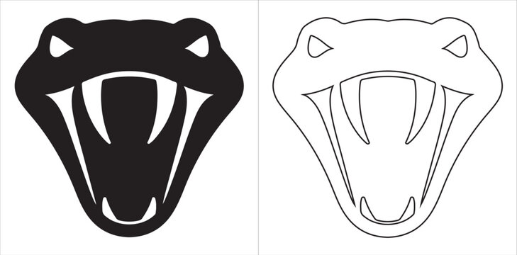 Stylized snake head front view with open mouth and fangs depicted in silhouette and outline vector illustration