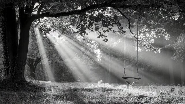 Sunlight rays shining through trees with hanging swing in serene forest clearing peaceful nature
